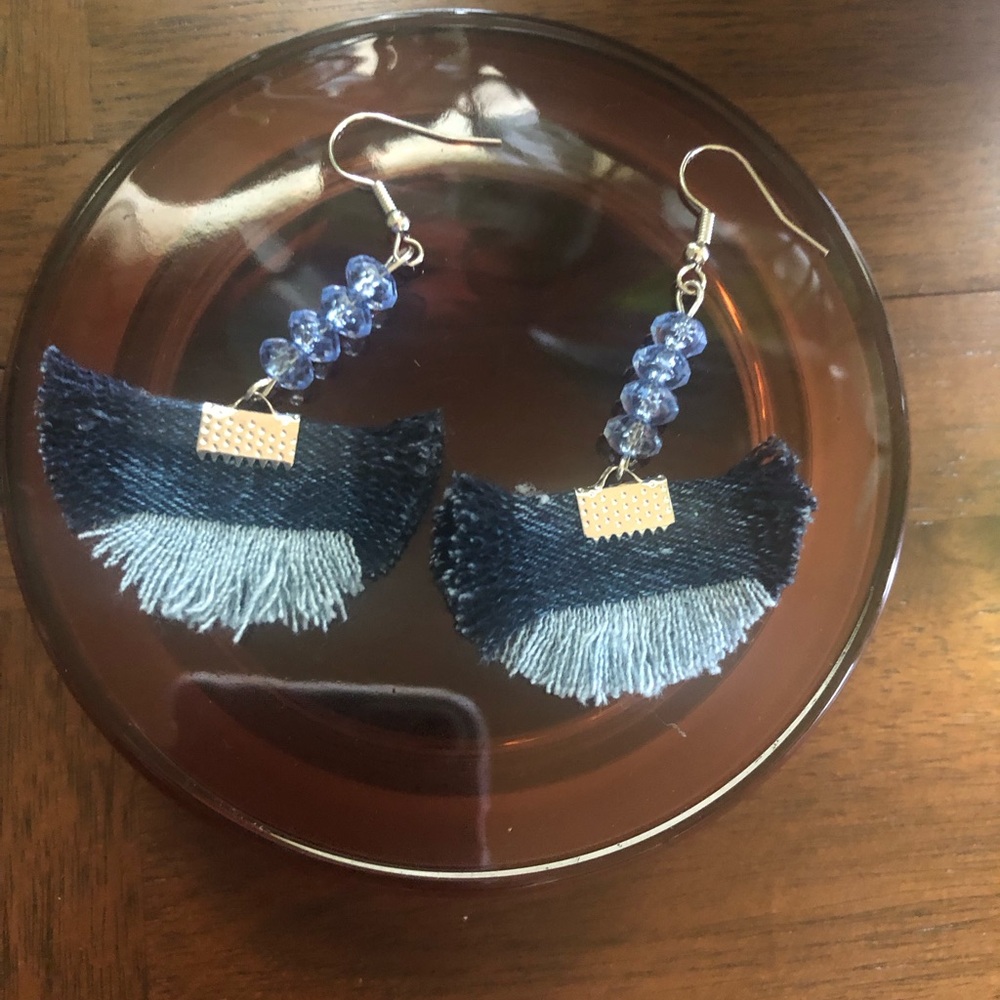 Handmade Navy and Light Blue Fringe Earrings - Women Jewelry